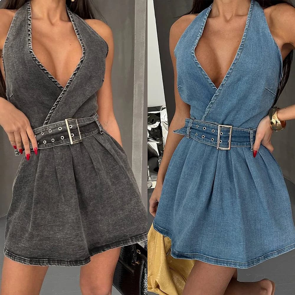 Summer Women's Belted Backless Denim Dress Casual Streetwear Jumpsuit Playsuit