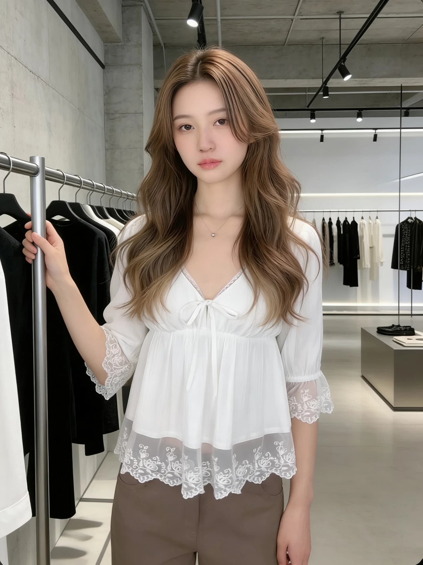 Pure Desire Refreshing Lace Trim V-Neck Loose Slimming Design Women's Shirt Casual Style Bell Sleeve Five-Quarter Length