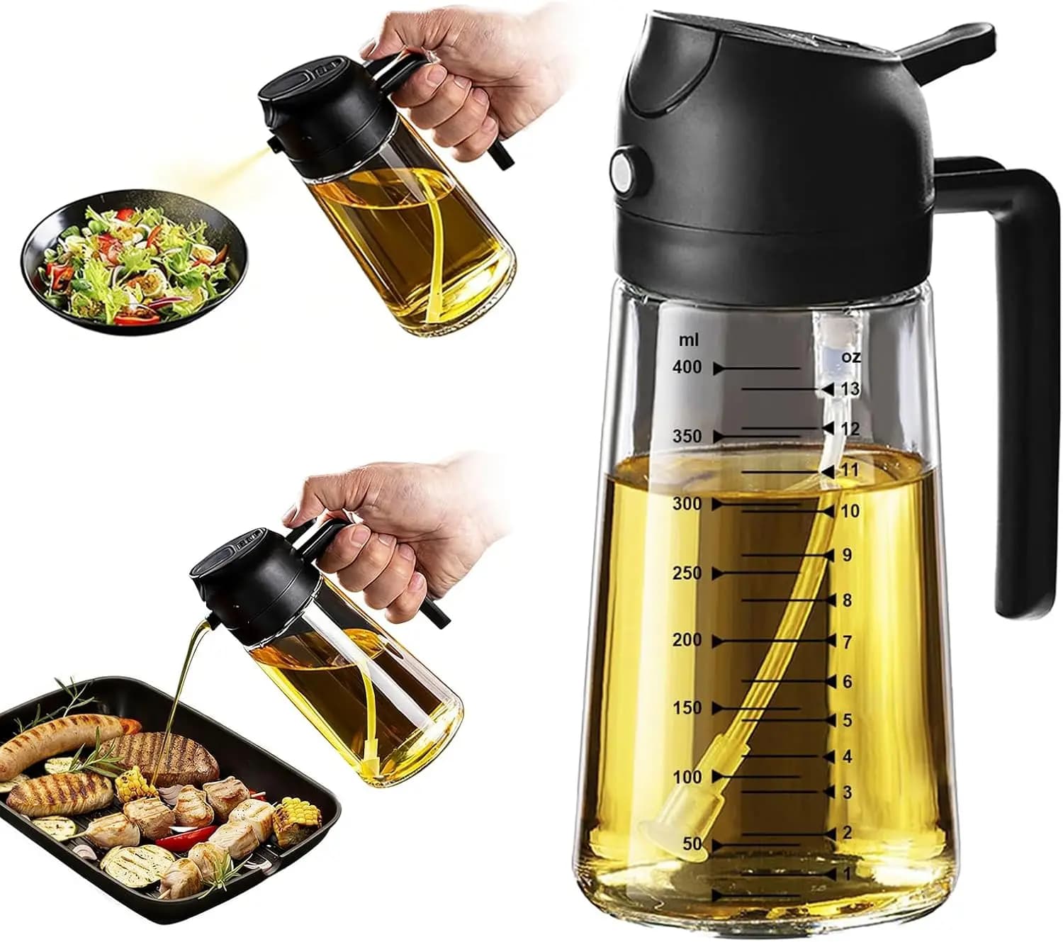 Spruzzatore per Olio d'Oliva in Vetro da 16oz, Dispenser 2-in-1 per Cucina, Friggitrice ad Aria e Uso in Cucina - Nero