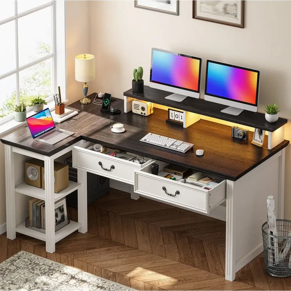 Scrivania a L da 55 pollici in stile rustico con cassetti, scrivania da ufficio con supporto lungo per monitor e ripiani portaoggetti per camera da letto