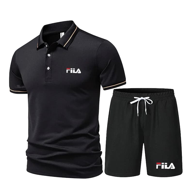 Completo sportivo da uomo alla moda in 2 pezzi, casual, con polo a maniche corte e pantaloncini.