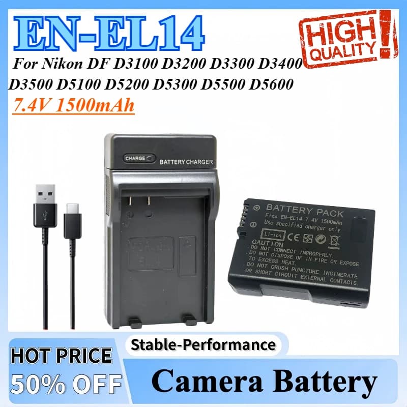 EN-EL14 EN EL14 ENEL14 Batteria + Caricabatterie per Nikon DF D3100 D3200 D3300 D3400 D3500 D5100 D5200 D5300 D5500 D5600 P7000 P7100