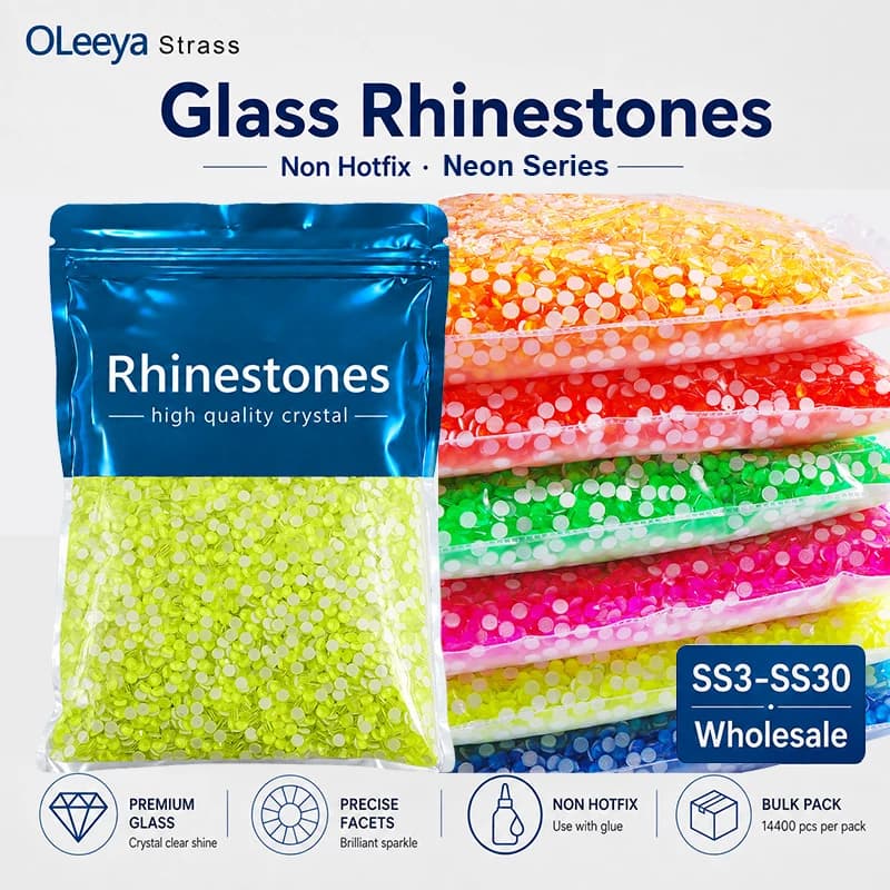 OLeeya Wholesale SS3-SS30 Neon Crystals Non Hotfix in Bulk Package Nail Arts Flatback Strass For Garment Nail Art Decorations
