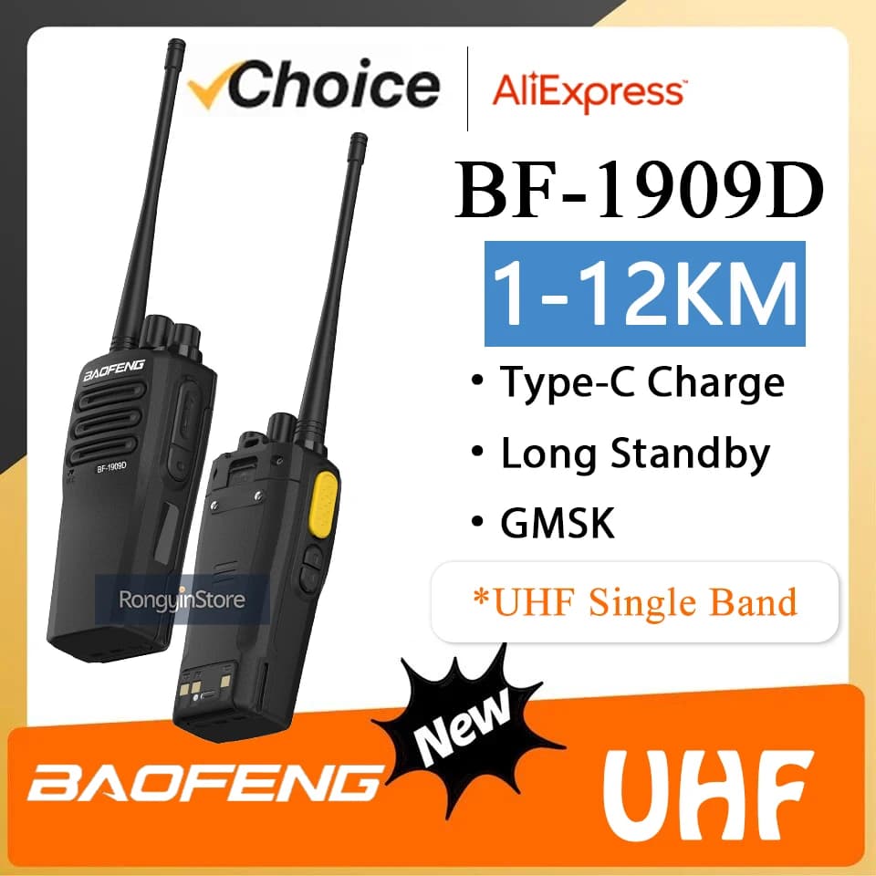 BAOFENG BF-1909D Ricetrasmittente Bidirezionale con Ricarica Type-C, GMSK BF1909, Chiamata Criptata, 12 Watt Alta Potenza, Lunga Portata
