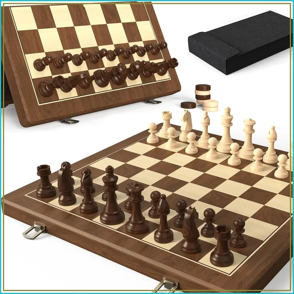 Premium Natural Walnut 15" Magnetic Wooden Folding Chess & Checkers Set - 2 in 1 Board Game with 3" King Staunton Pieces, 2 Extra Queens, Checkers, Dust-Proof Storage Bag