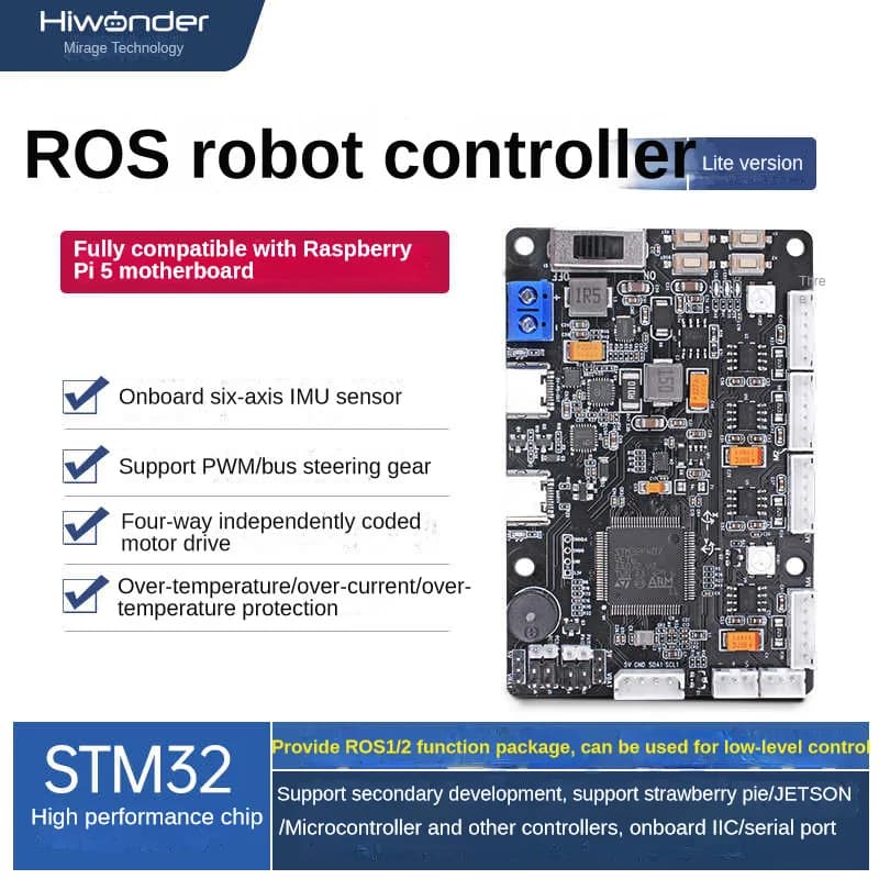 STM32 ROS2 RRC Lite controller for Raspberry Pi 5 power protocol, integrated IMU, 4 channel servo motor encoder ports