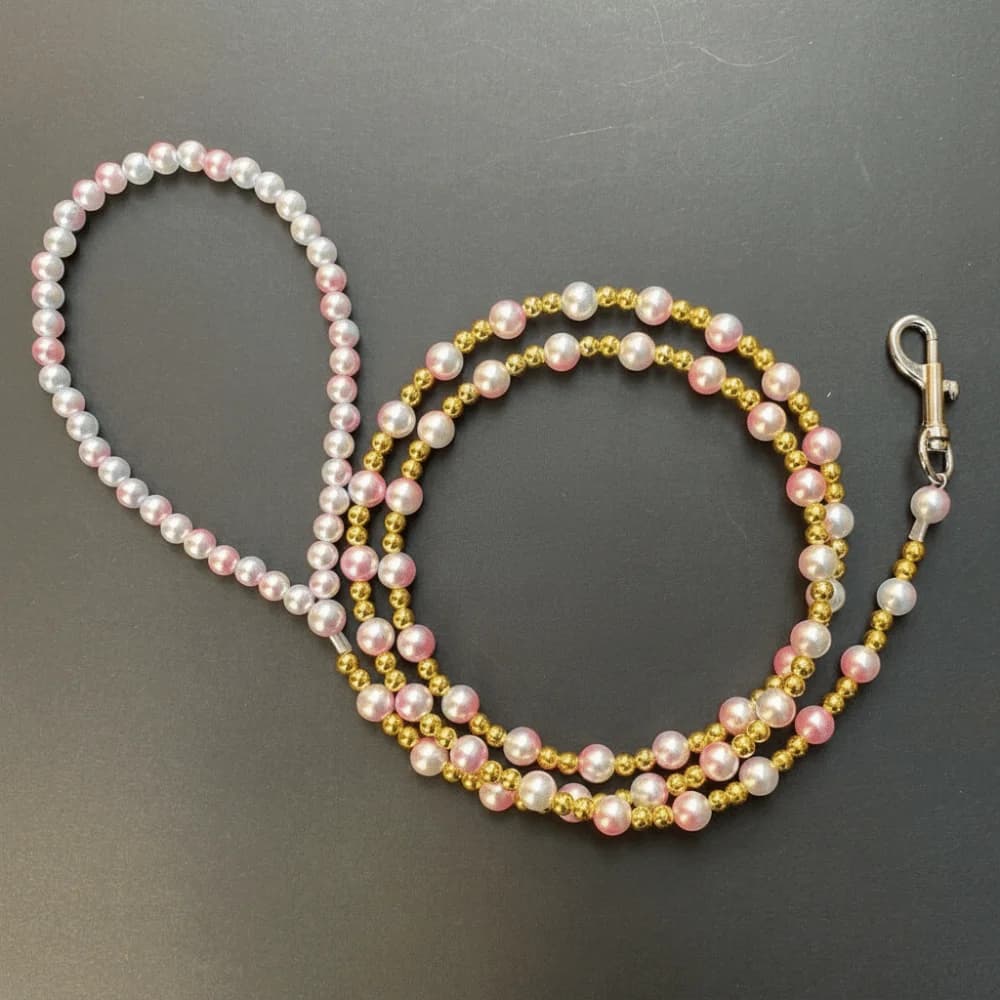 Guinzaglio per Cani e Gatti con Perle Artificiali, 120cm/4ft, Gancio a Scatto Argentato, Stile Principessa
