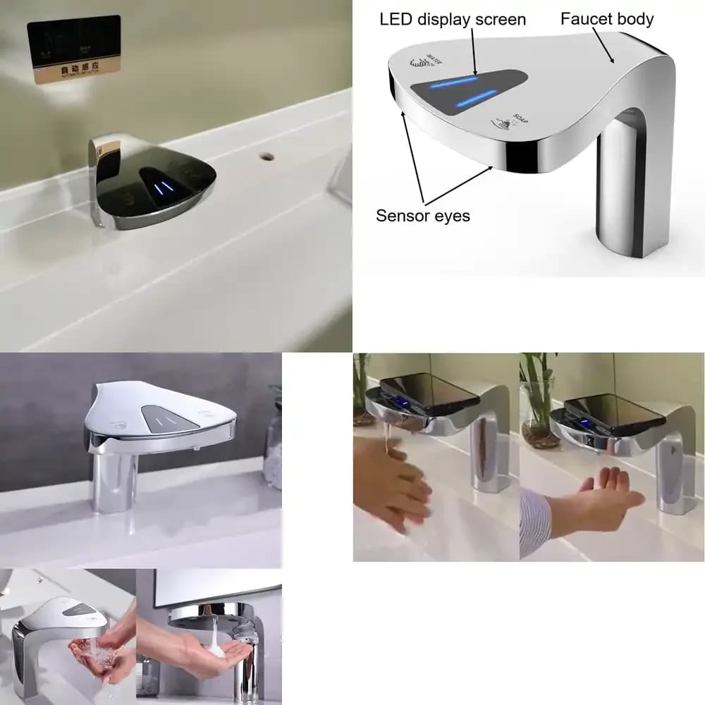 Rubinetto Miscelatore Automatico di Alta Gamma a Doppia Funzione per Lavabo con Display LED e Dispenser di Sapone Ricaricabile Cromato