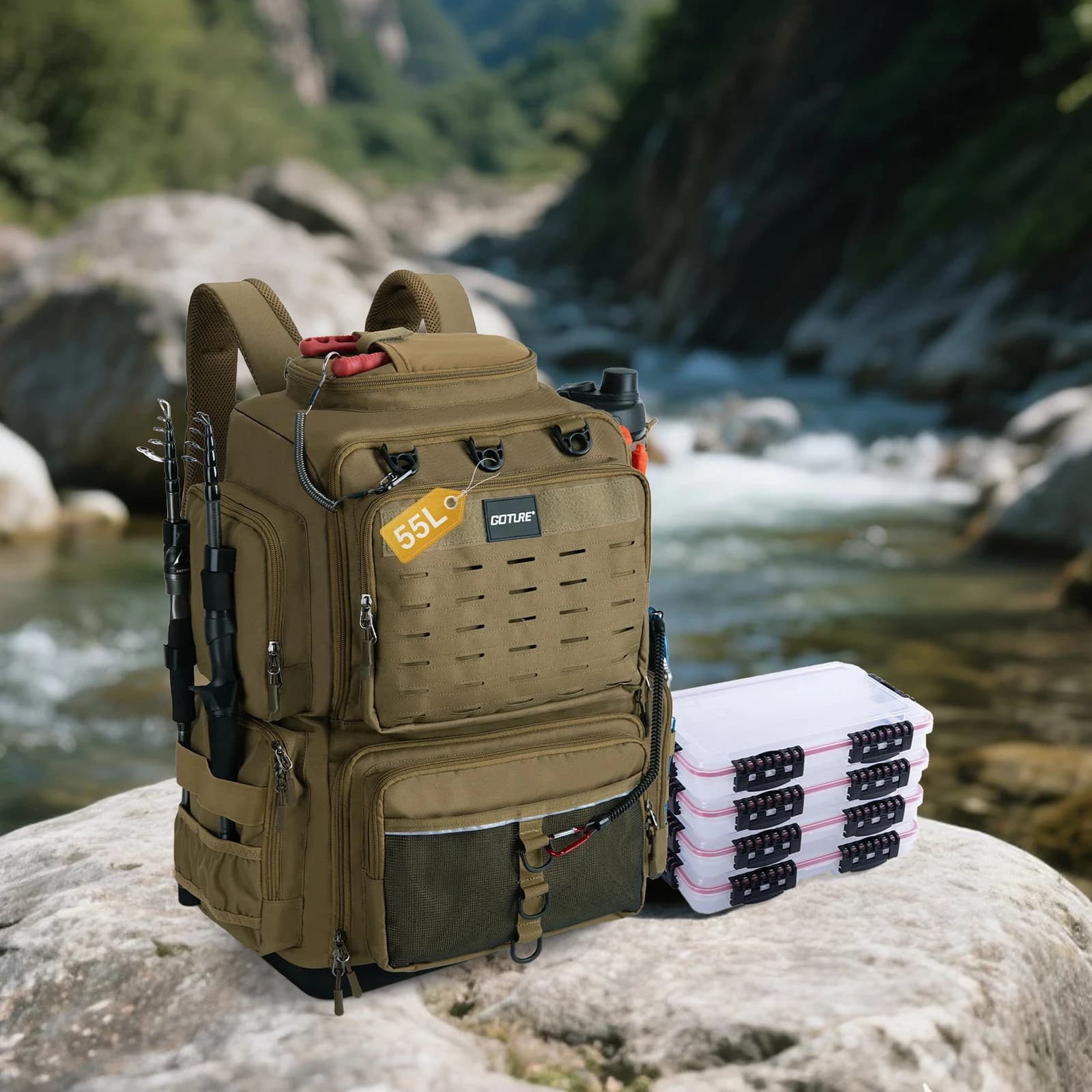 Fishing backpack Goture with 4 3700 boxes for equipment, bottom in EVA IPX Fishing gear bag 55 litres with swing rack, with 8 pockets for baits