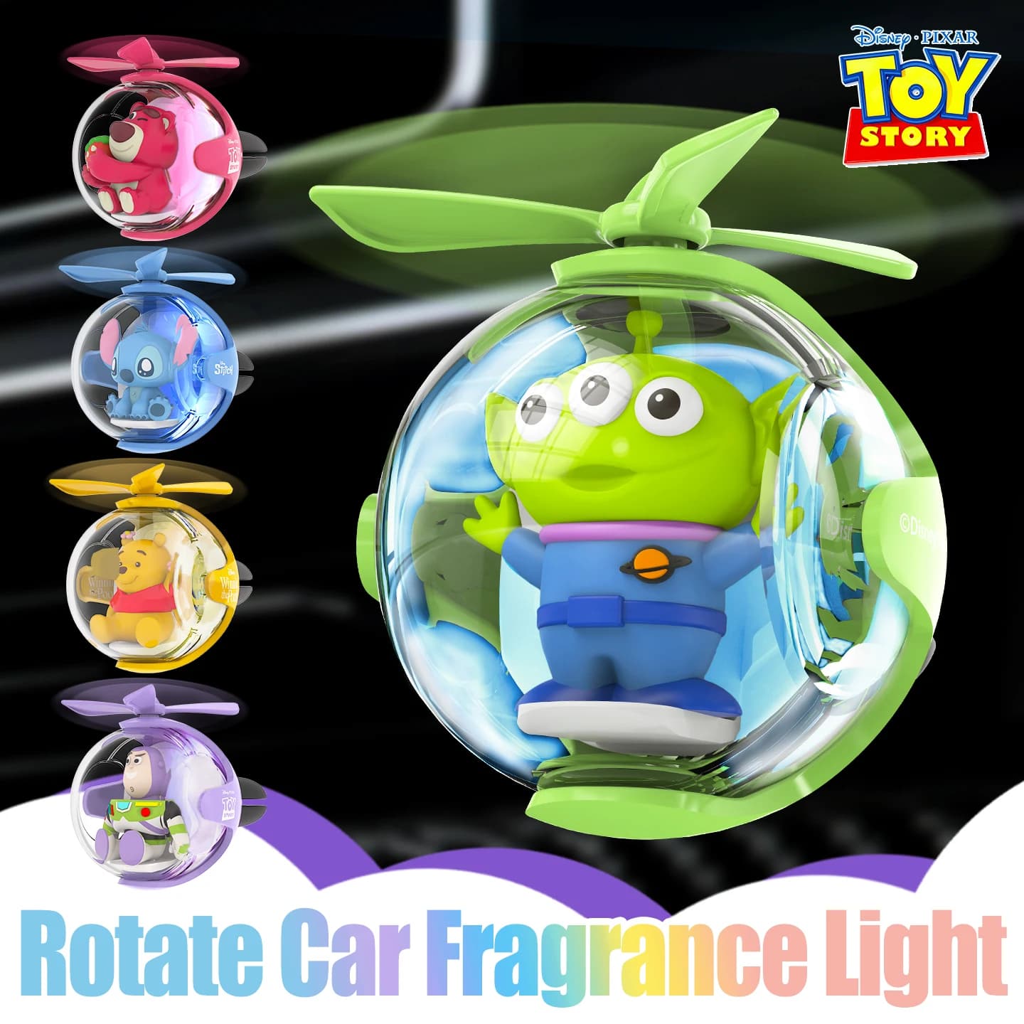 Disney Little Green Men Aliens car fragrance diffuser with rotating LED helicopter, ambient light, decorative accessory for ventilation.