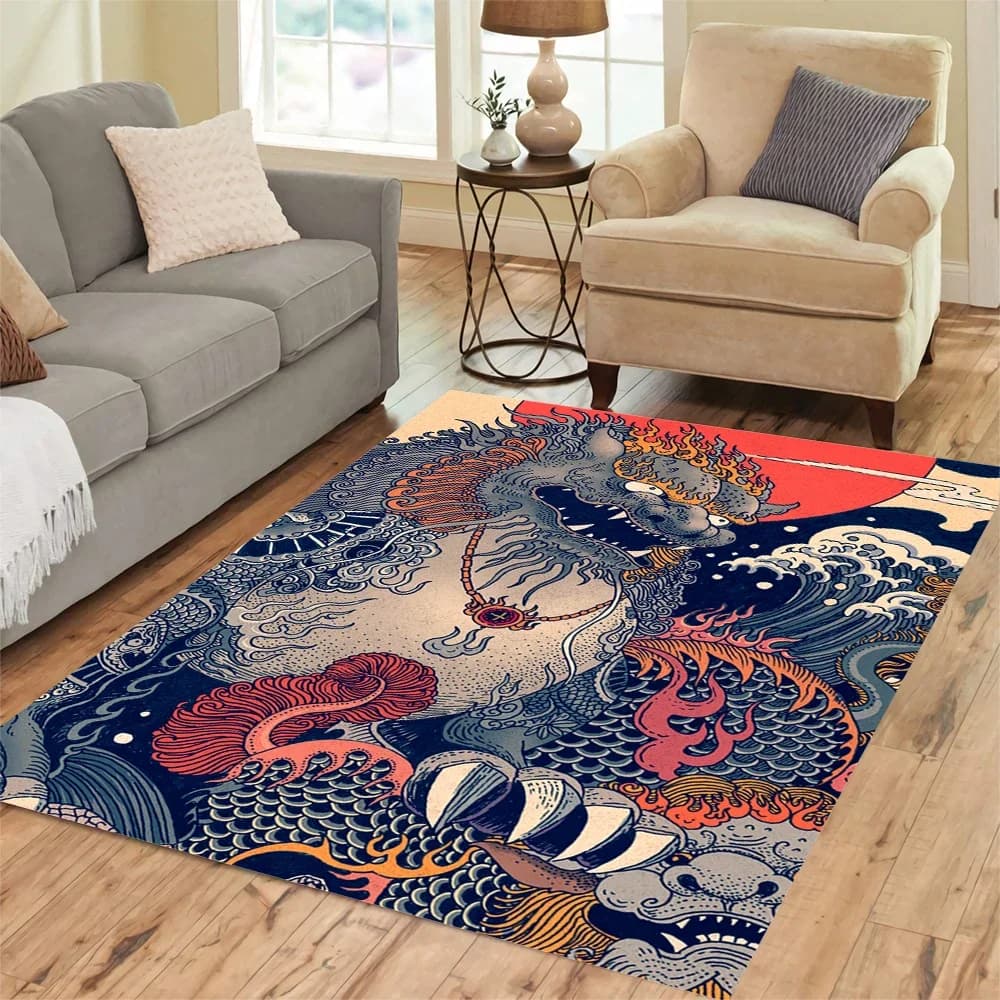 HX Tappetino per animali alla moda Ukiyo-e Animali Surf Lion Art Tappeti stampati in 3D per soggiorno Tappetini per porte interne Tappeti per aree