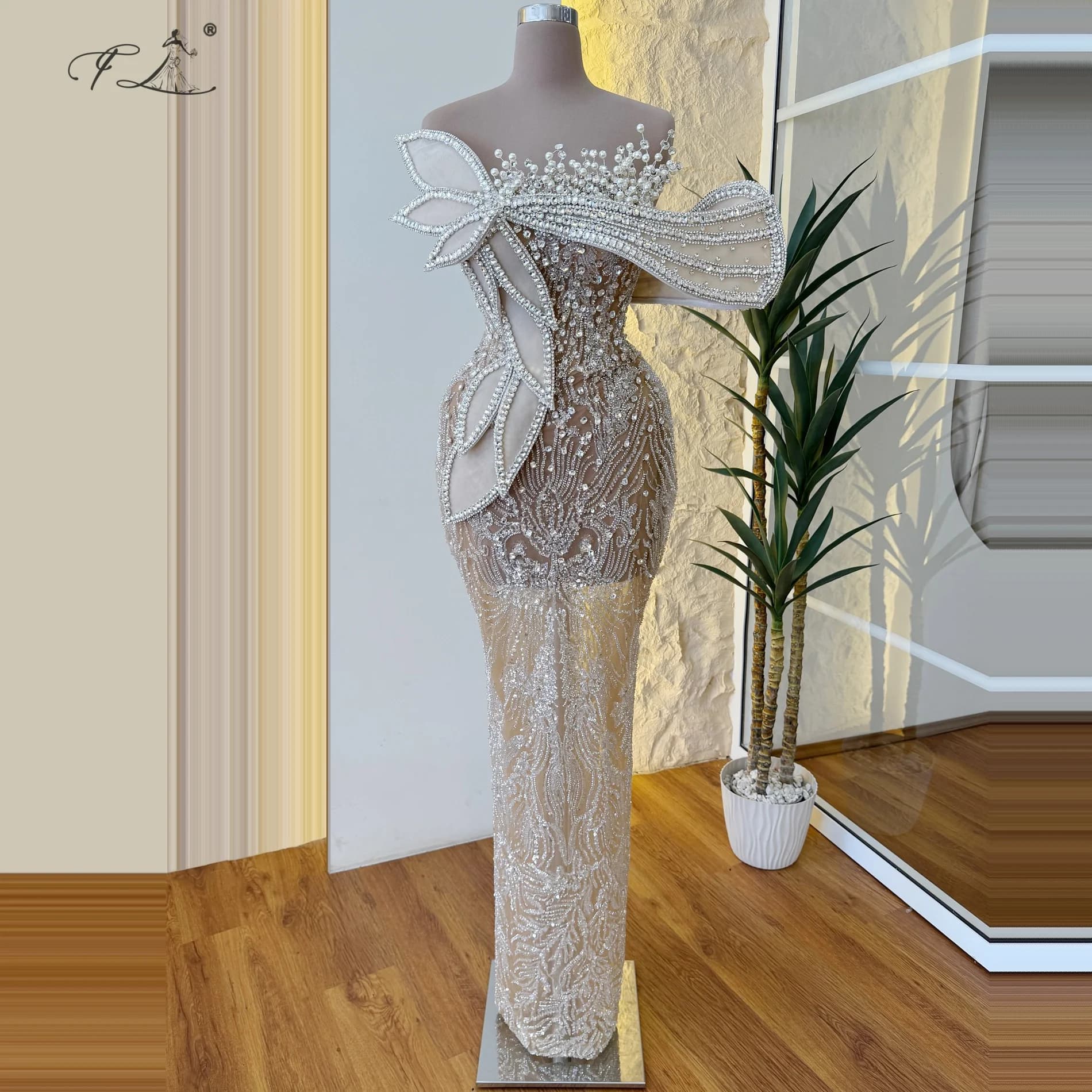 Abiti a sirena in tulle con perle e strass, abito scintillante, abito da sera con spalla asimmetrica, abiti formali, abiti da ballo di lusso