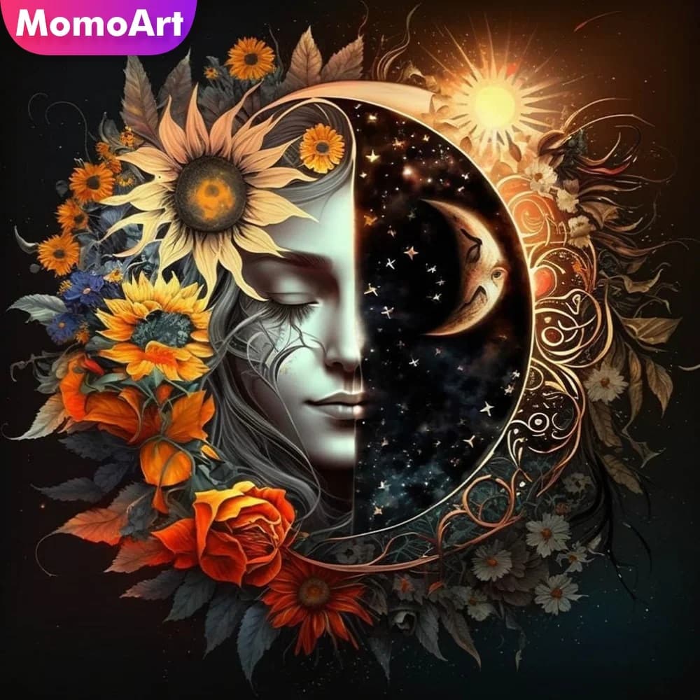 Momoart Set Pittura Diamante Completo Quadrato e Rotondo Donna Fiore Luna Punto Croce Fai da Te Mosaico Diamante Paesaggio Astratto Artigianato