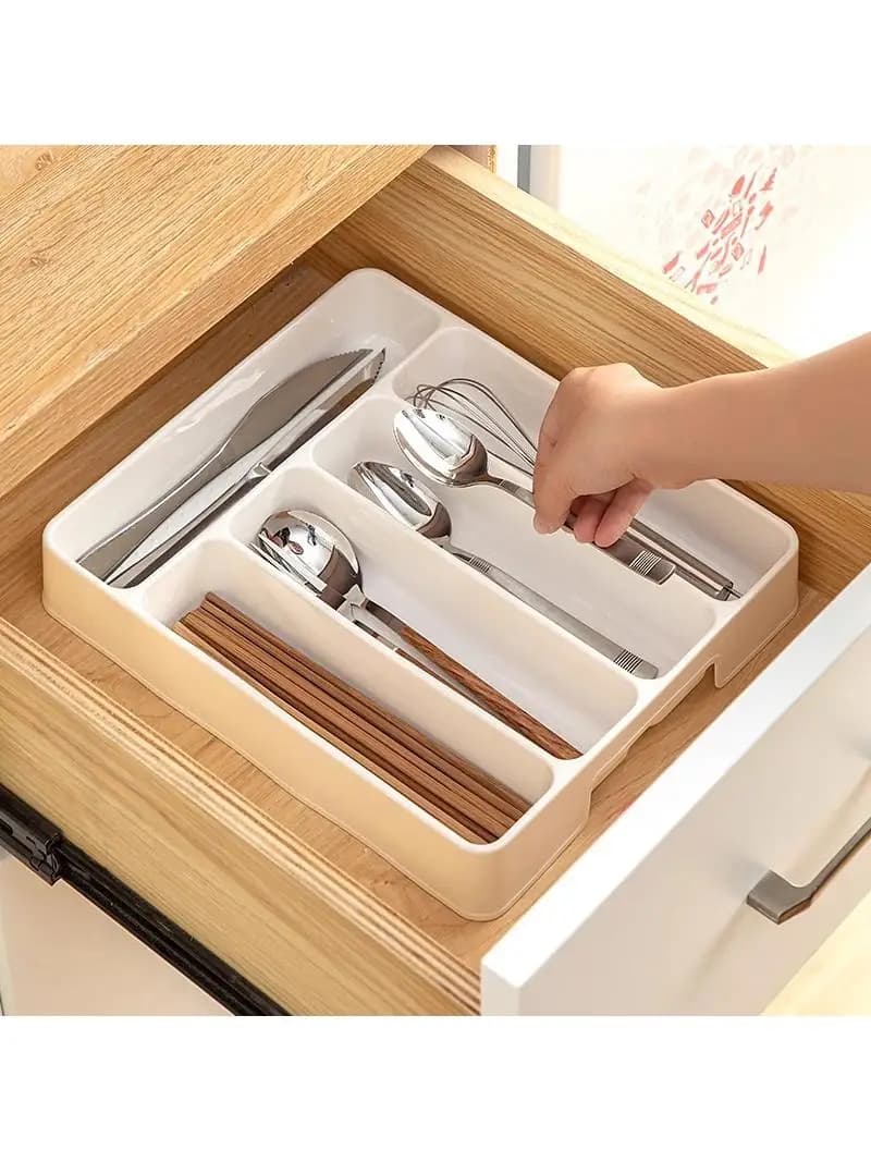 Organizer for kitchen drawers with compartments, plastic container for knives, forks and wands, recessed for domestic cabinets