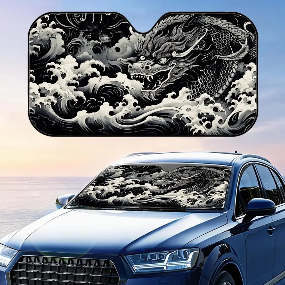 Parasole per Auto Pieghevole con Design Nuvole di Drago Nero, Protezione UV e Isolamento Termico Universale
