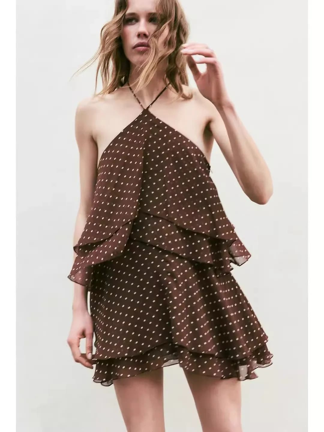 Spring Women's Short Dress with Bow Tie Collar Polka Dot Decorative Layered Commute Style Gathered Hemline A-Line Skirt