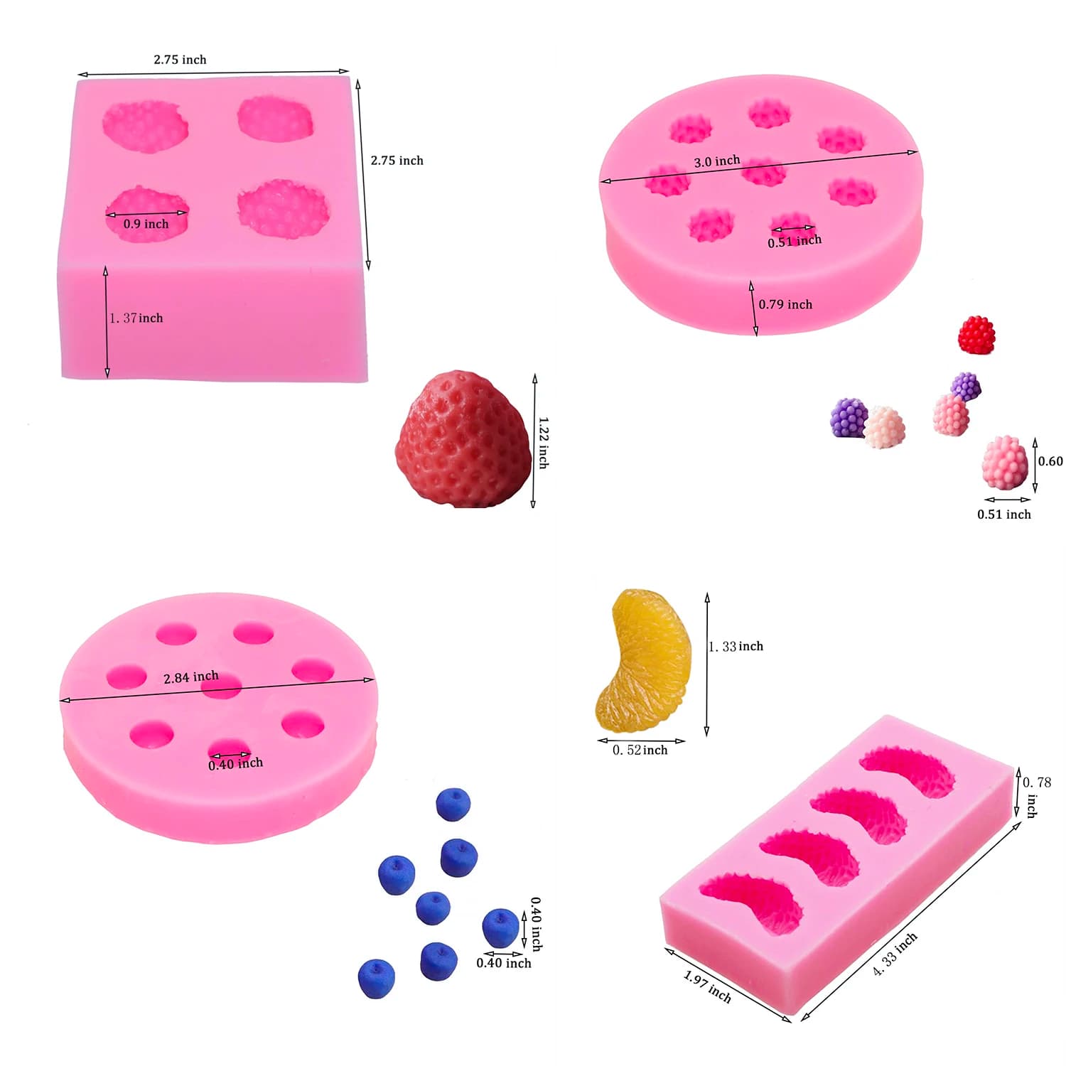 4 stampi per fondente a forma di frutta, in silicone 3D, a forma di arancia e mirtillo, per decorazioni fatte a mano di gelatine, gelati e cupcake