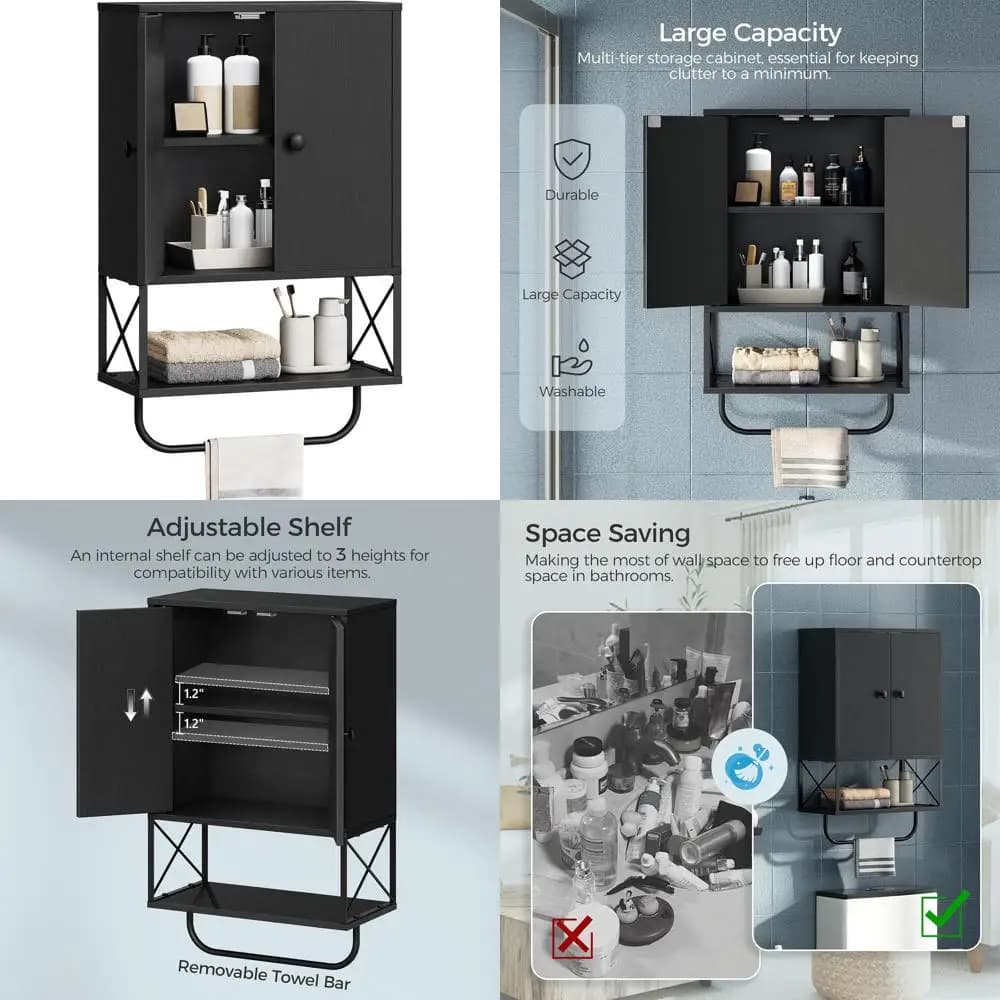Mobiletto da bagno a parete con doppia anta con ripiani regolabili e portasciugamani, spazio salvaspazio per WC o zona lavanderia