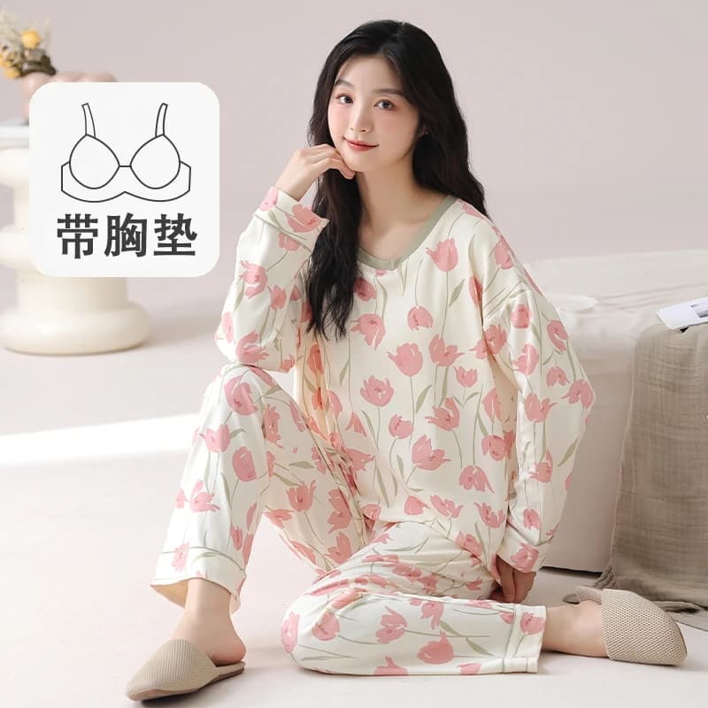 Nuovo pigiama da donna con imbottitura per reggiseno tuta da casa da donna primavera e autunno in cotone a maniche lunghe Homewear tuta ampia di grandi dimensioni