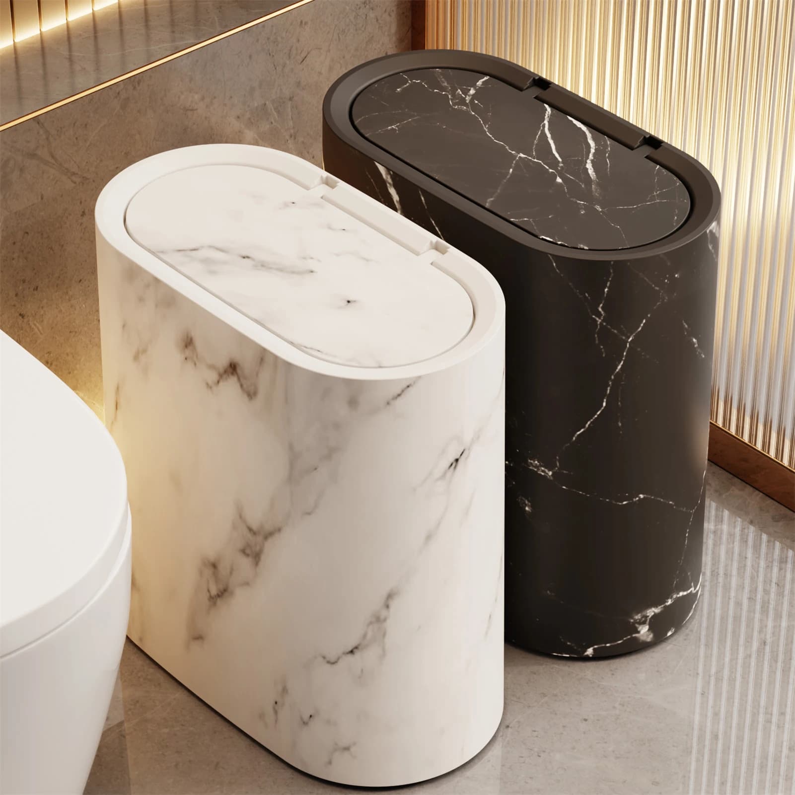 Bidoni della spazzatura da bagno con coperchi Pattumiera in plastica con motivo in legno di marmo per appartamento per ufficio scolastico domestico