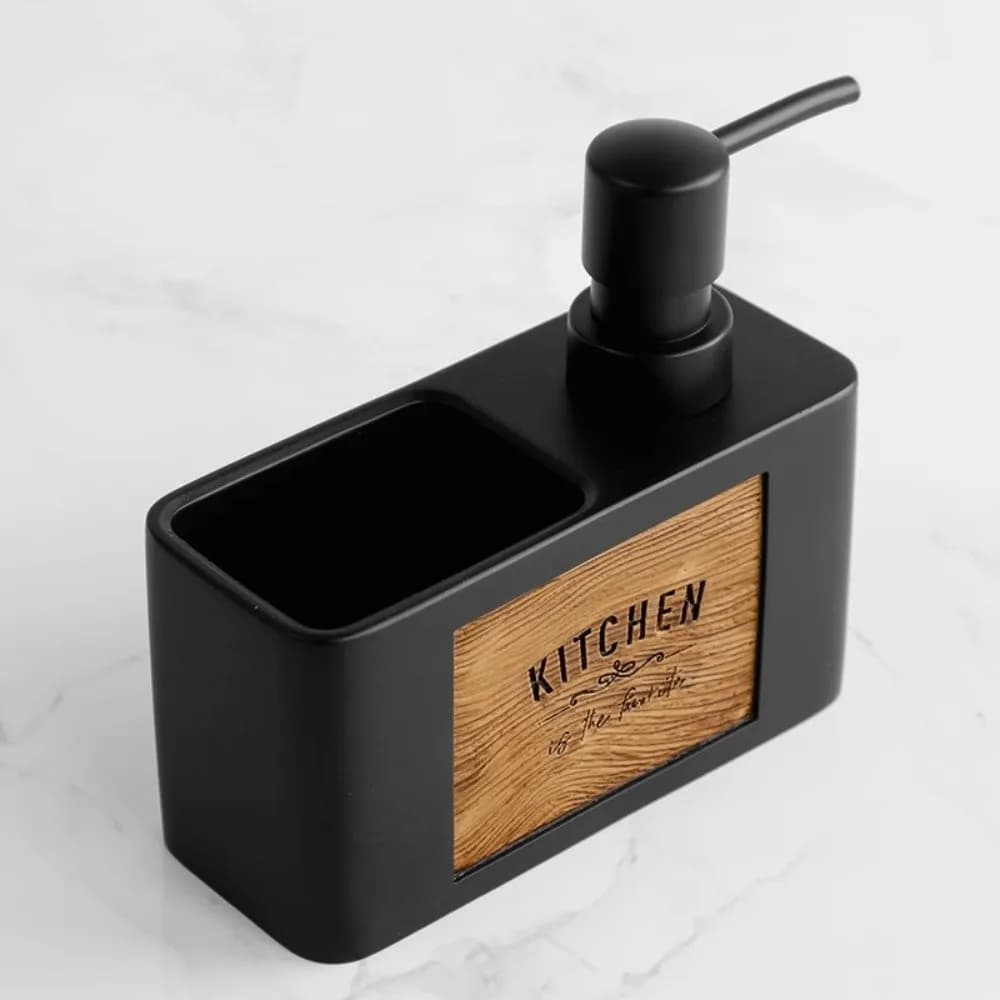 Press Type Kitchen Soap Dispenser Refillable with Sponge Holder Manual Soap Pump Wood Grain Bathroom Hand Wash Bottle Restaurant