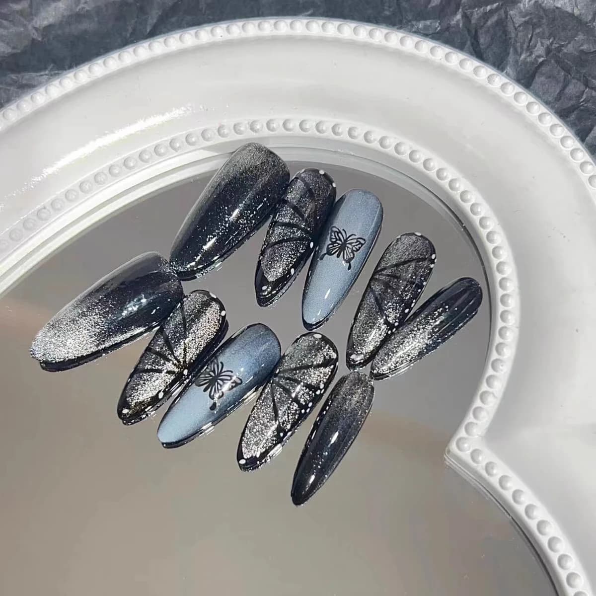 Nuovo elemento farfalla argento nero fatto a mano Millennium Spice Girls Galaxy Cat Eye bianco fatto a mano da indossare per nail art Press on Nail