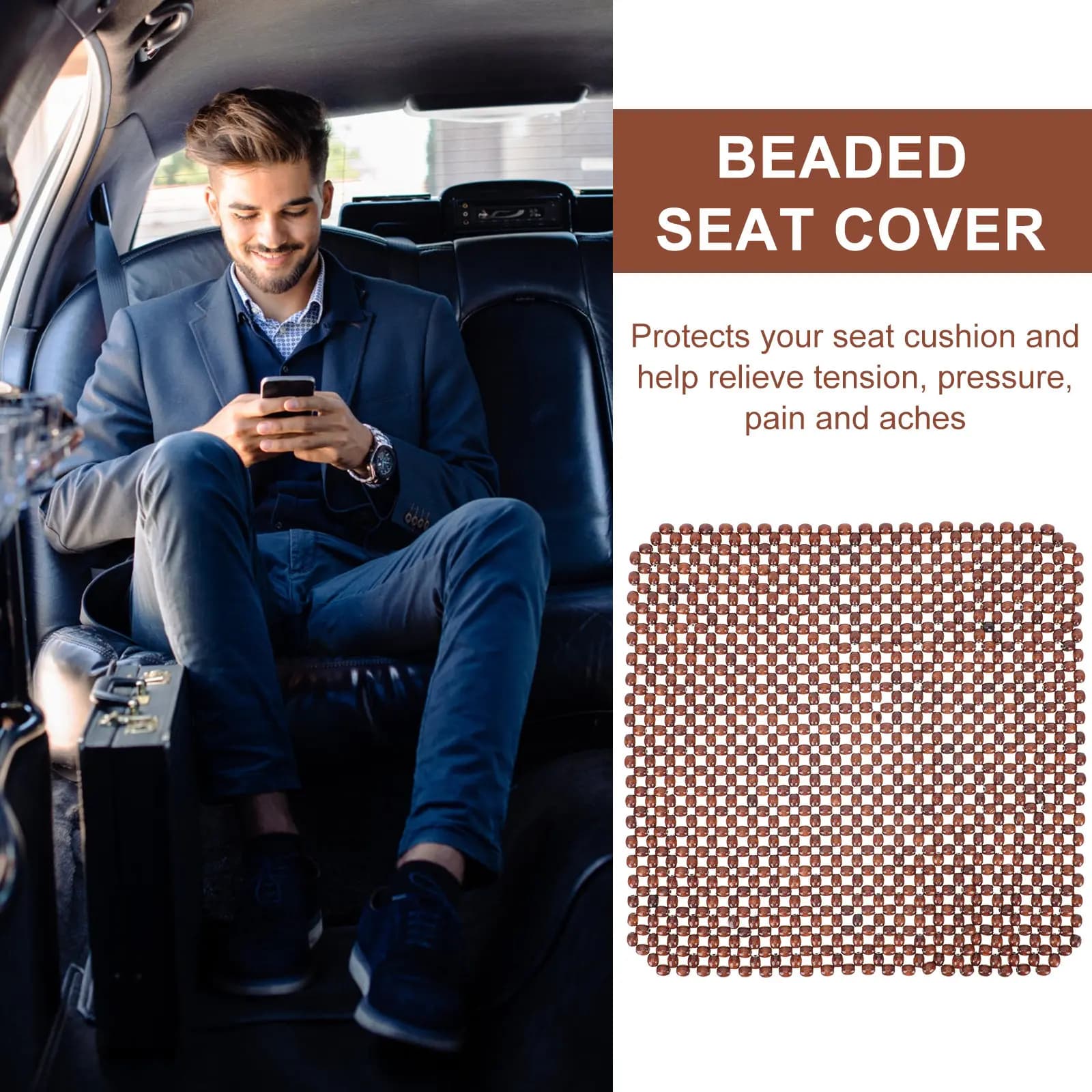 Wooden Beaded Car Seat Cushion Cooling Ventilated Breathable Universal Fit for All Vehicles and Home Office Chairs Comfortable