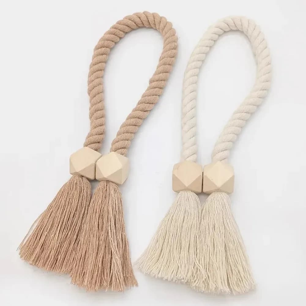 2 Pezzi di Cinghie per Tende in Legno, Coppia di Fibbie Magnetiche Decorative con Nappine Creative