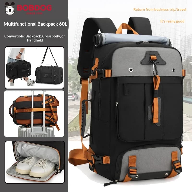 60L Large-Capacity Travel Backpack for Men Outdoor Expandable Travel Boarding Backpack Large Luggage Bag with Shoe Compartment