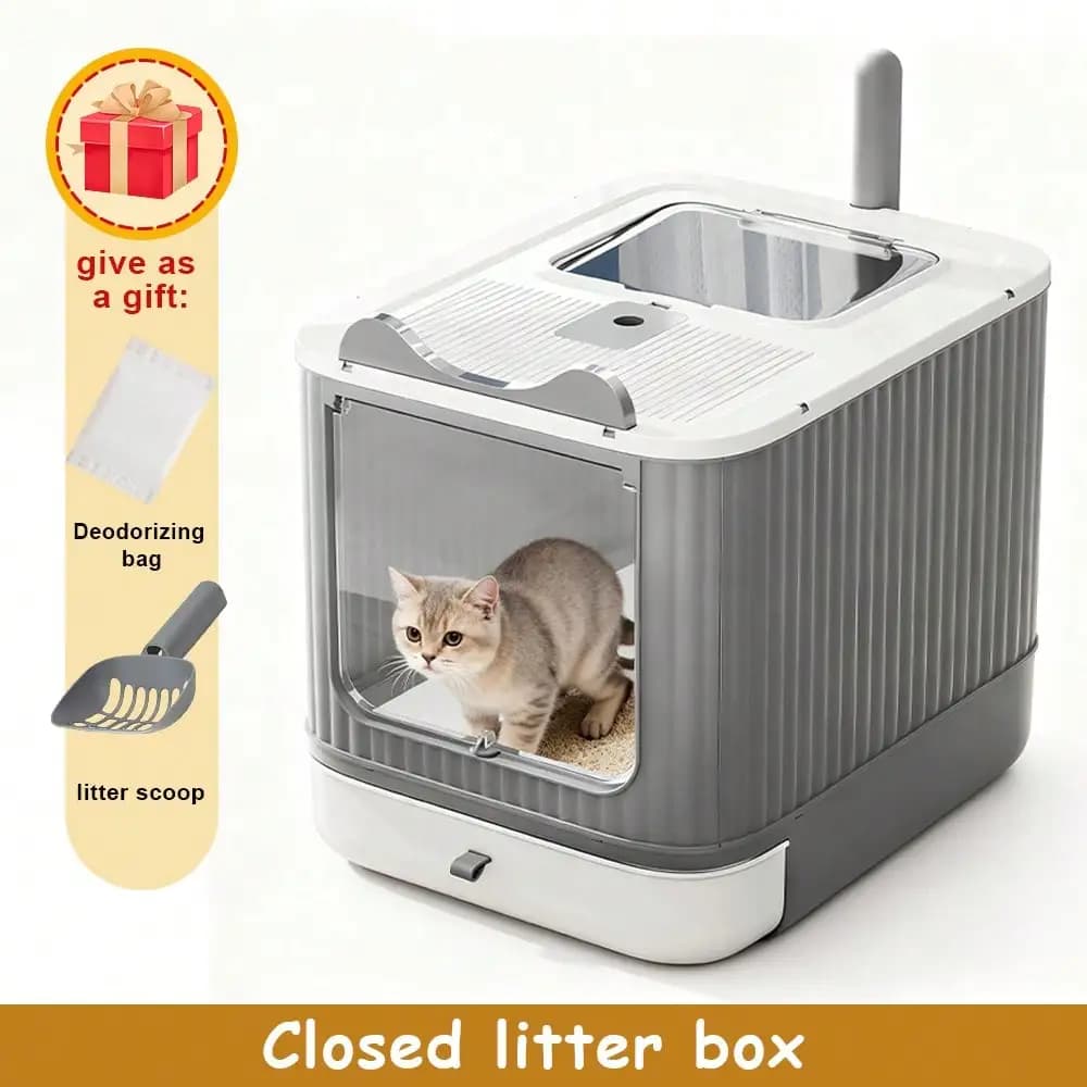 Lettiera per Gatti 4-in-1 Chiusa con Ingresso Superiore, Cassetto Frontale Estraibile, Controllo Odori e Anti-Schizzi