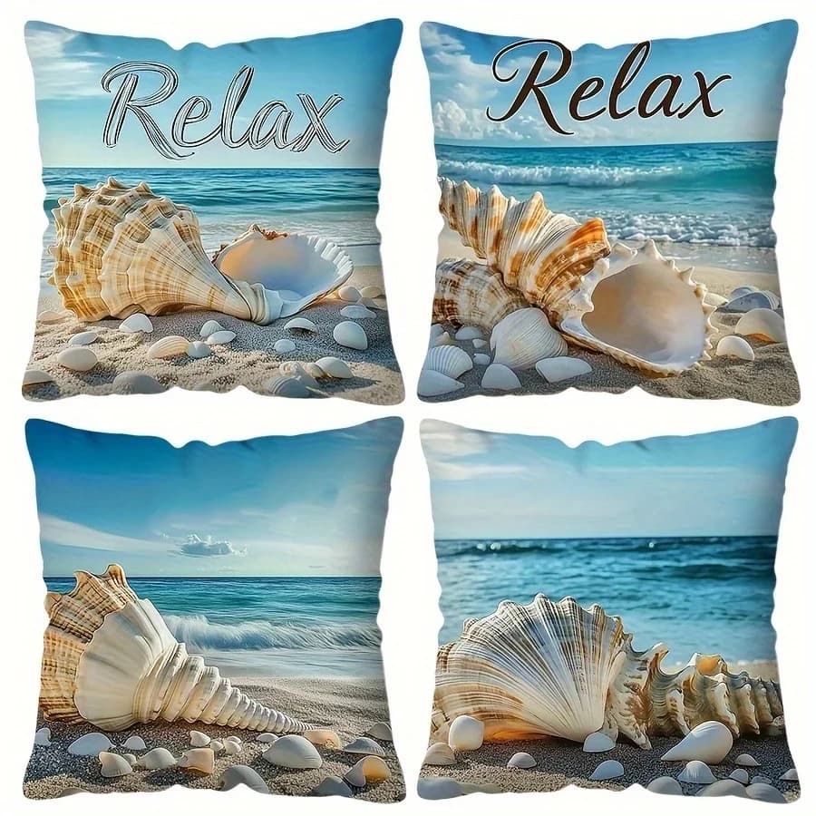 Premium Beach Seashell Pillowcase Set 4PCS Coastal Ocean Tropical Print Summer Vacation Bedroom Decor Pillow Covers