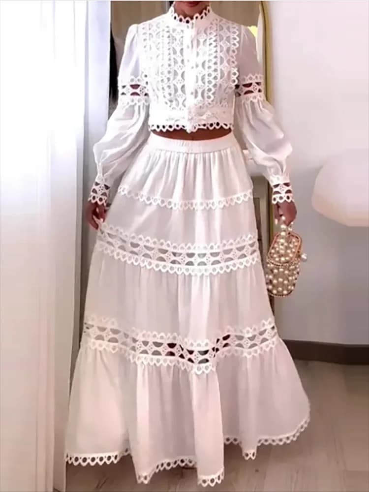 Abito da festa ampio con design in pizzo Abito da donna casual con scollo a O Top a maniche lunghe e gonna lunga Set da 2 pezzi Abito da vacanza a pieghe scavato sexy