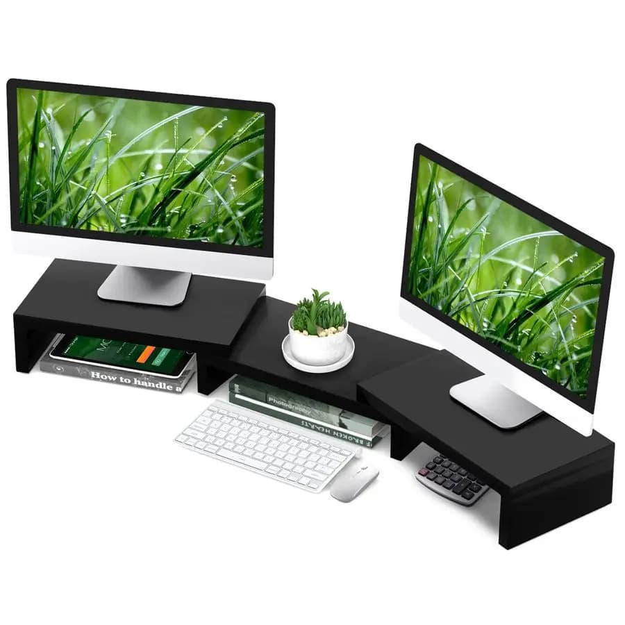 Support for Double Monitor, Office Desk Organizer, Support for 2 Monitors, Adjustable Length and Angle, 3 shelves, Extra Long Multifunction