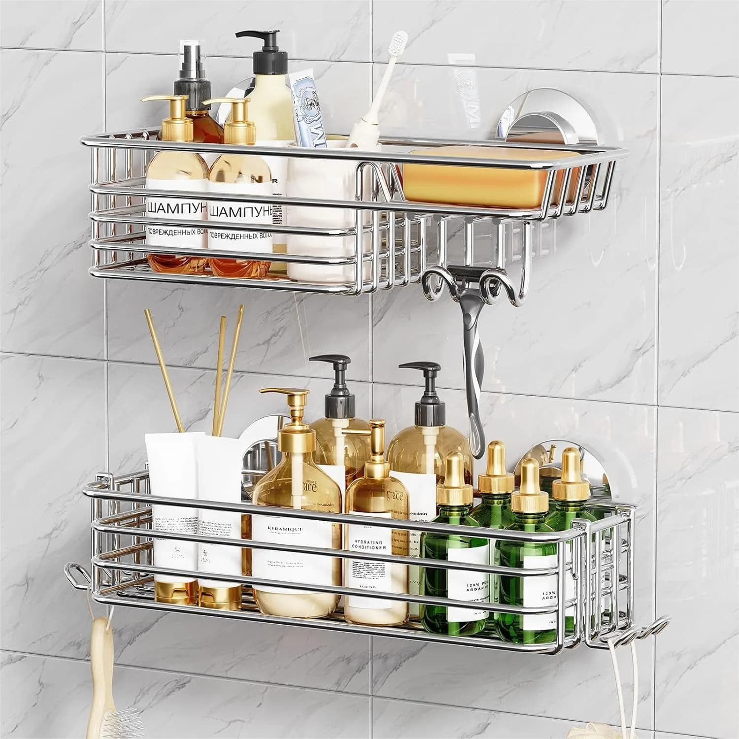 Set di 2 Portaoggetti da Doccia con Ventosa, Ganci e Portasapone, Organizzatore per Bagno Resistente, Senza Foratura, Mensole Argento