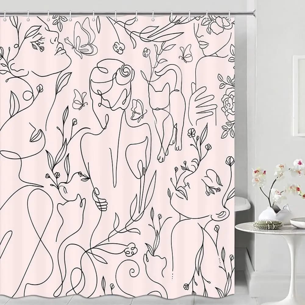 Tenda da doccia astratta per l'arredamento del bagno, divertenti tende da doccia con gatti Boho, linee nere, viso da donna, farfalla floreale estetica Mi