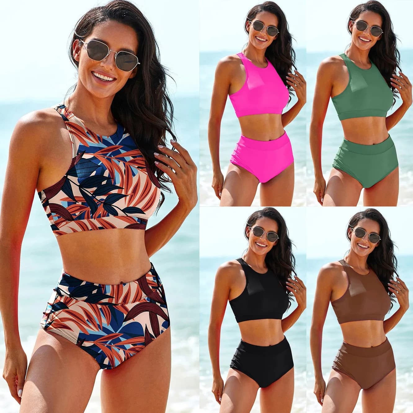 Costumi da bagno da donna: Tankini a tinta unita, Top tankini corto con stampa tropicale, Bikini sportivo a vita alta due pezzi