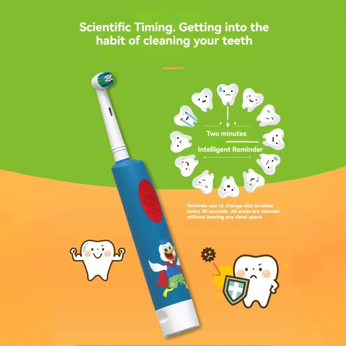 Electric toothbrush for children Colorful animated card Soft bristles Rounded vibrating heads Toothbrush Care of the gums Battery supply 3-15 years