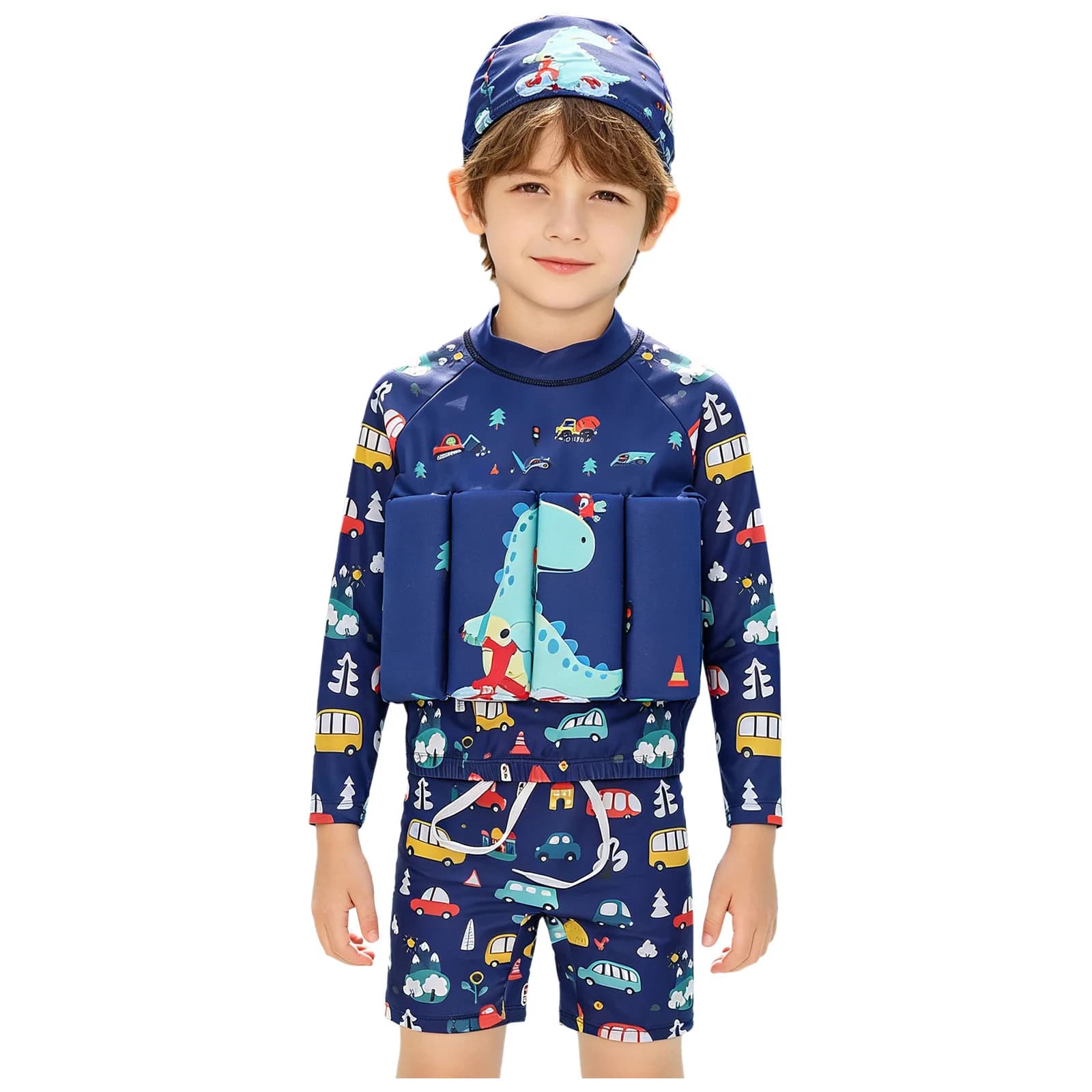 Costume da bagno per bambini e ragazzi con galleggiante, top a maniche lunghe, pantaloncini e cappello per vacanze estive al mare