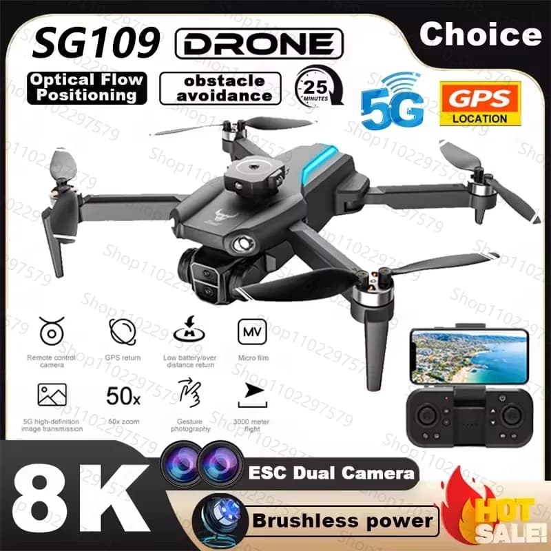 Nuovo Drone SG109 con Doppia Fotocamera Professionale 8K HD, WiFi 5G, Quadricottero Pieghevole a 4 Assi, Distanza RC 1,2 KM, Giocattolo Drone