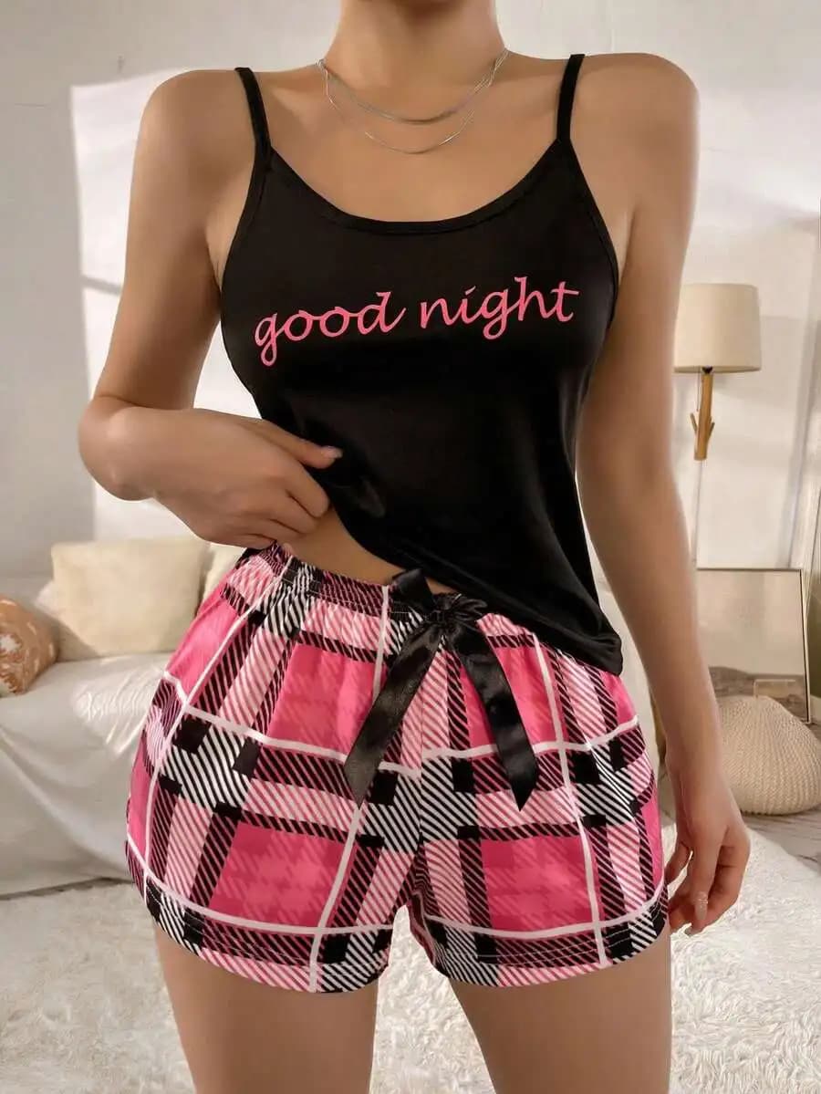 Letter Graphic Cami Top And Plaid Print Shorts Pajama Set