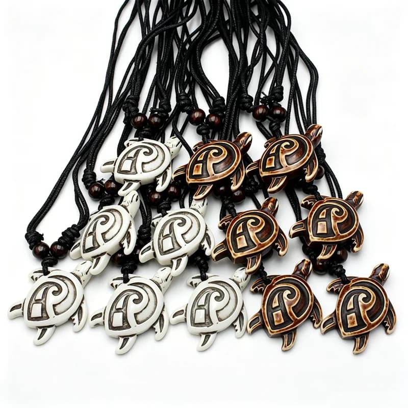12Pcs Tribal Sea Turtle Necklaces with Swirl Pattern, Resin Imitation Bone, 2 Colors, Adjustable Black Cord