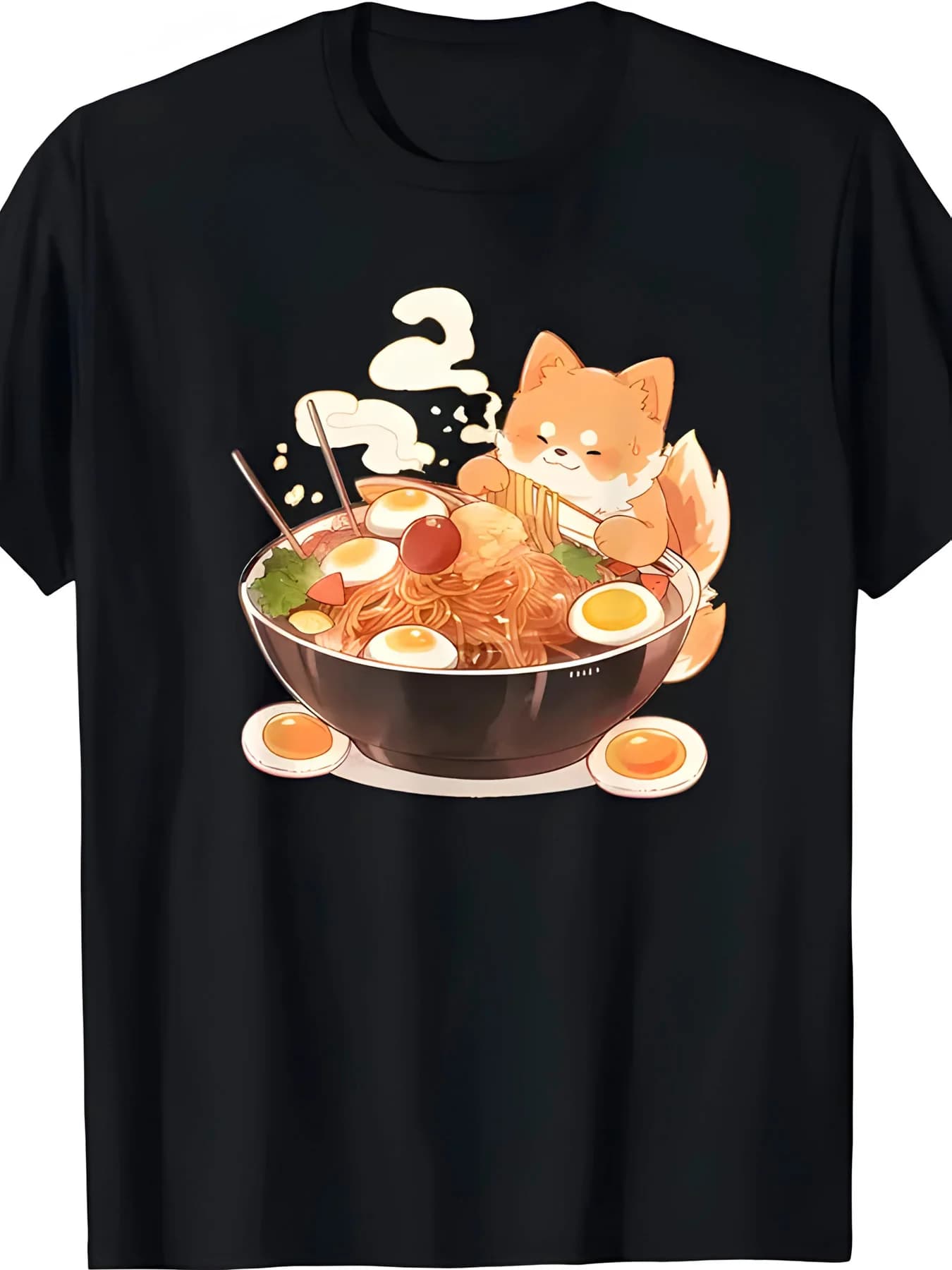 T-shirt da uomo con grafica Anime Ramen Dog & Fox - T-shirt casual a maniche corte con scollo rotondo e stampa di una ciotola di noodle