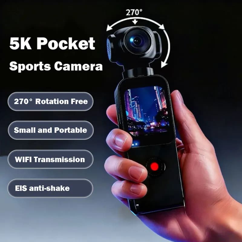 5K HD Pocket Action Camera with 1,69 Inch LCD Display, 270 Degree Rotation Vlog Wi-Fi Rotating Recorder with Anti-Shake ELS System for Bicycle Travel