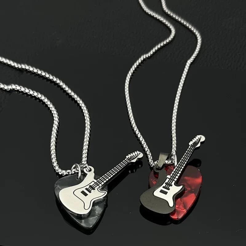 Collana con Ciondolo a Forma di Plettro per Chitarra, Stile Hip-Hop alla Moda, per Uomo e Donna, Catena in Acciaio al Titanio, Trendy, per Maglione