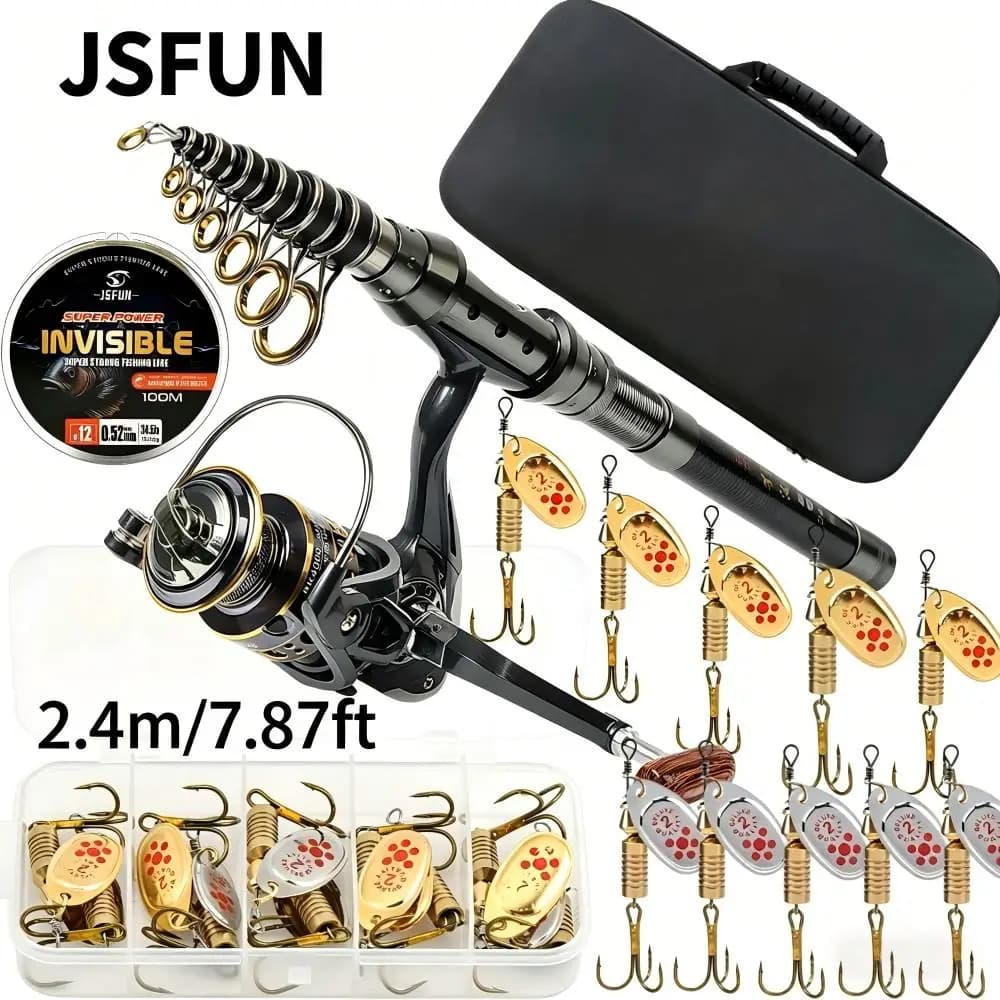 JSFUN Set Combo Canna da Pesca e Mulinello, Lenza Invisibile in Fluorocarbonio, Esche a Cucchiaio, Kit Scatola Attrezzatura per Principianti, Acqua Salata e Dolce
