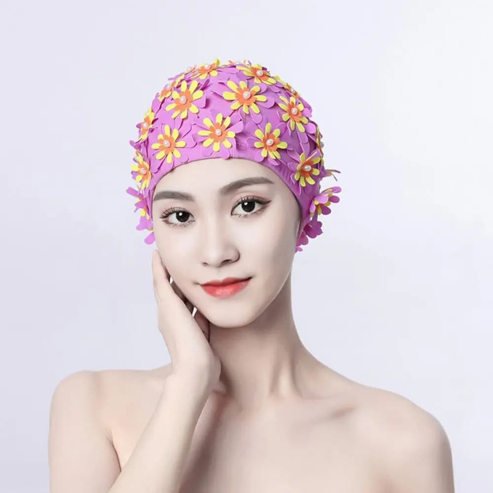 Diving Cap Pearl Floral Petal Swim Cap Long Hair Vintage Style Swimming Cap Breathable Flower Swimming Hat Water Sports