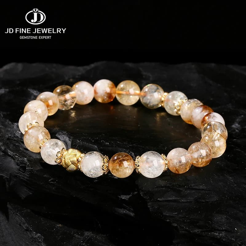 Braccialetti JD in Pietra Naturale Quarzo Dorato Portafortuna, Accessorio Elegante in Rame per Donne, Bracciale Elastico in Cristallo, Regalo per Coppie