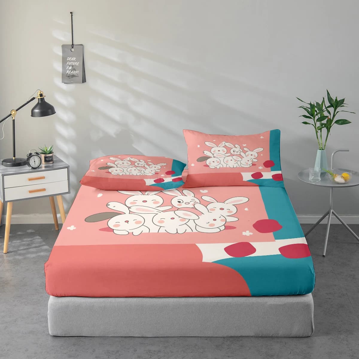 Set di lenzuola con motivo stampato a forma di coniglio, proteggi materasso e federa combinati, set di lenzuola stampate ad alta definizione include 1 lenzuolo + 1 o 2 federe (1 federa per 60*100 cm e 1 o 2 federe per 72*132 cm, il resto delle misure ha 2 federe), adatto per camera da letto e stanza degli ospiti, biancheria da letto in poliestere ultra morbido, lavabile in lavatrice, utilizzabile in tutte le stagioni