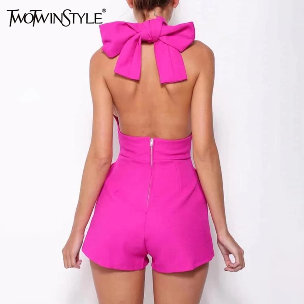 TWOTWINSTYLE Solid Office Tutina per le donne Halter senza maniche a vita alta Patchwork Fasciatura Backless Tute Moda femminile
