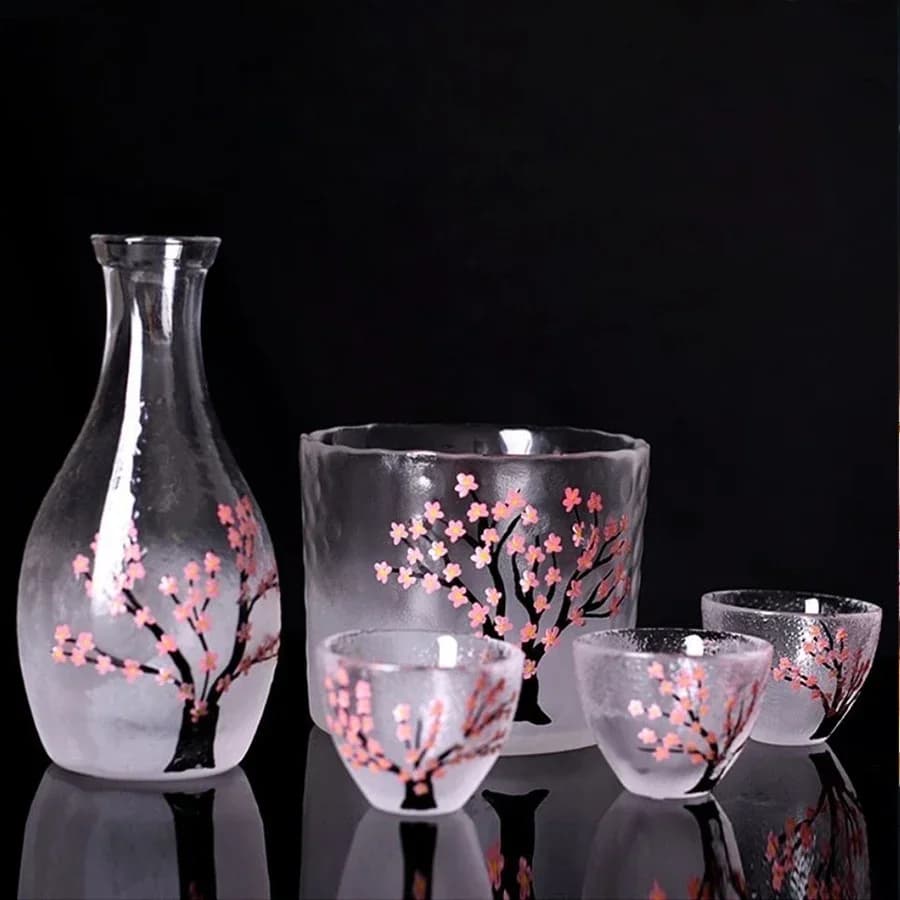 Set di 6 pezzi in stile giapponese per il sake, con design a fiori di prugna, caraffa in vetro per vino caldo, set di bicchieri piccoli per vino bianco.